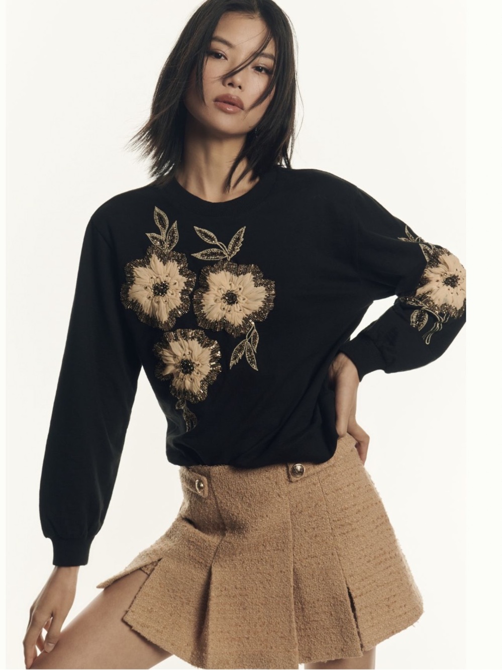 NWT Anthropologie Large Floral Appliqué Black Cotton Crew-Neck Sweater